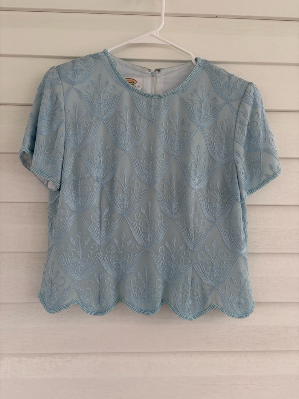 Talbots Silk Sky Blue Lace Beaded Blouse Elegant Classic Occasion Top